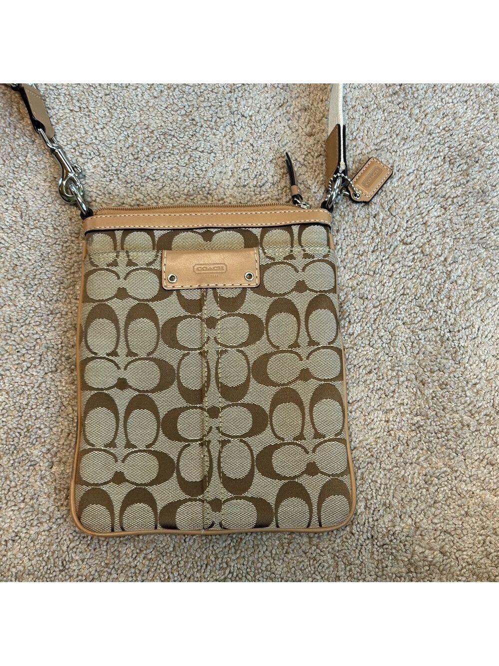 Coach Signature Brown Tan Crossbody Canvas messenger Bag woven adjustable strap